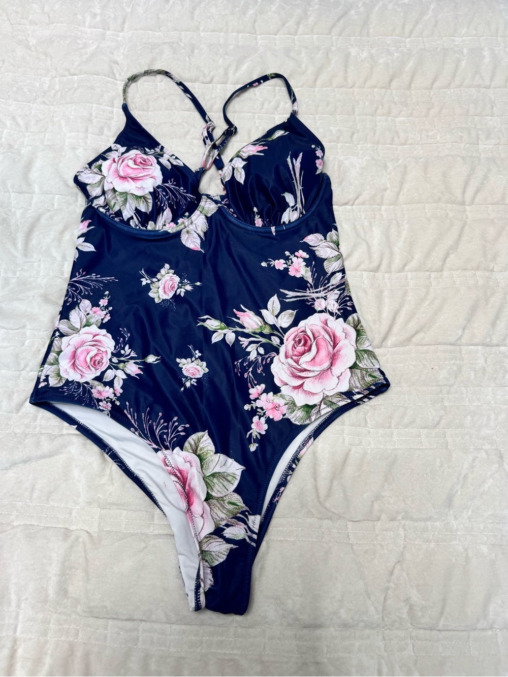 Cupshe Navy One-Piece Swimsuit with Pink Rose Floral Print